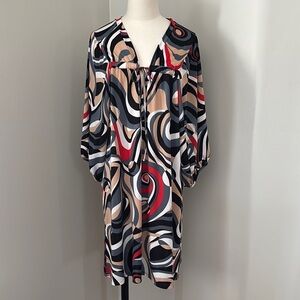 Symmetry Swirl Print Balloon Sleeve V-Neck Dress in Abstract Print Sz S